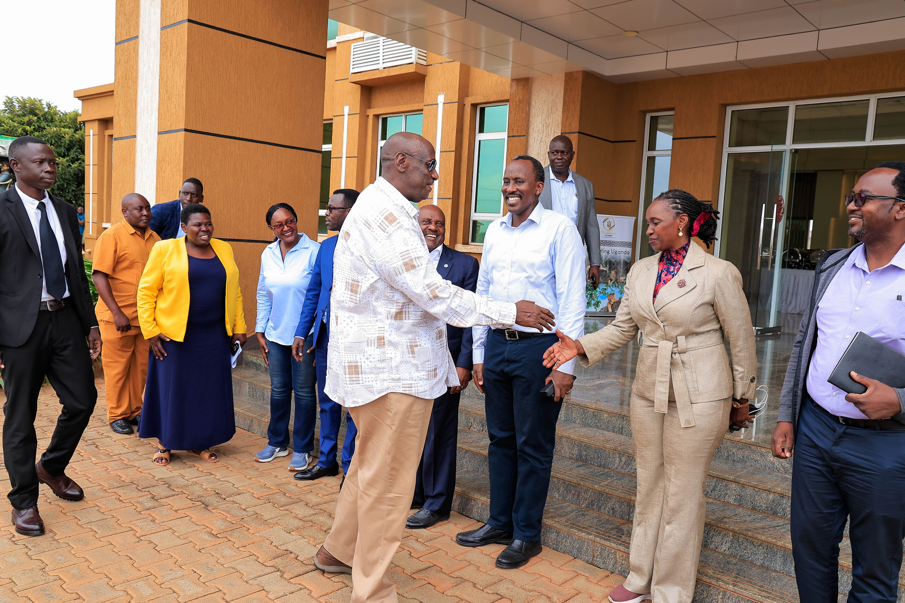 Gen. (Rtd.) Caleb Akandwanaho (Gen. Saleh) greeting various government leaders at the Inaugural Information Tour at Kapeeka Industrial Park